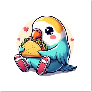 cute love birds are eating Mexican specialties, Tacos, Burritos, Enchiladas, Quesadillas, Guacamole, Fajitas, Chiles Rellenos, Tamales, Mole, Chilaquiles, Posters and Art